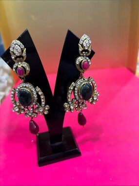 Gold-Tone Pink & Black Stone Drop Earrings